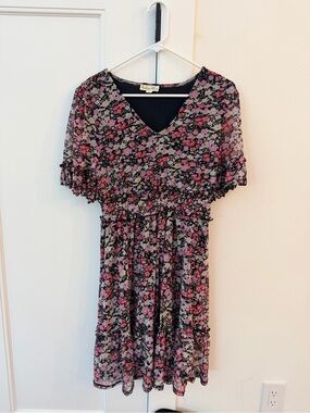Floral V-Neck Smocked Waist Dress - Pink & Black
